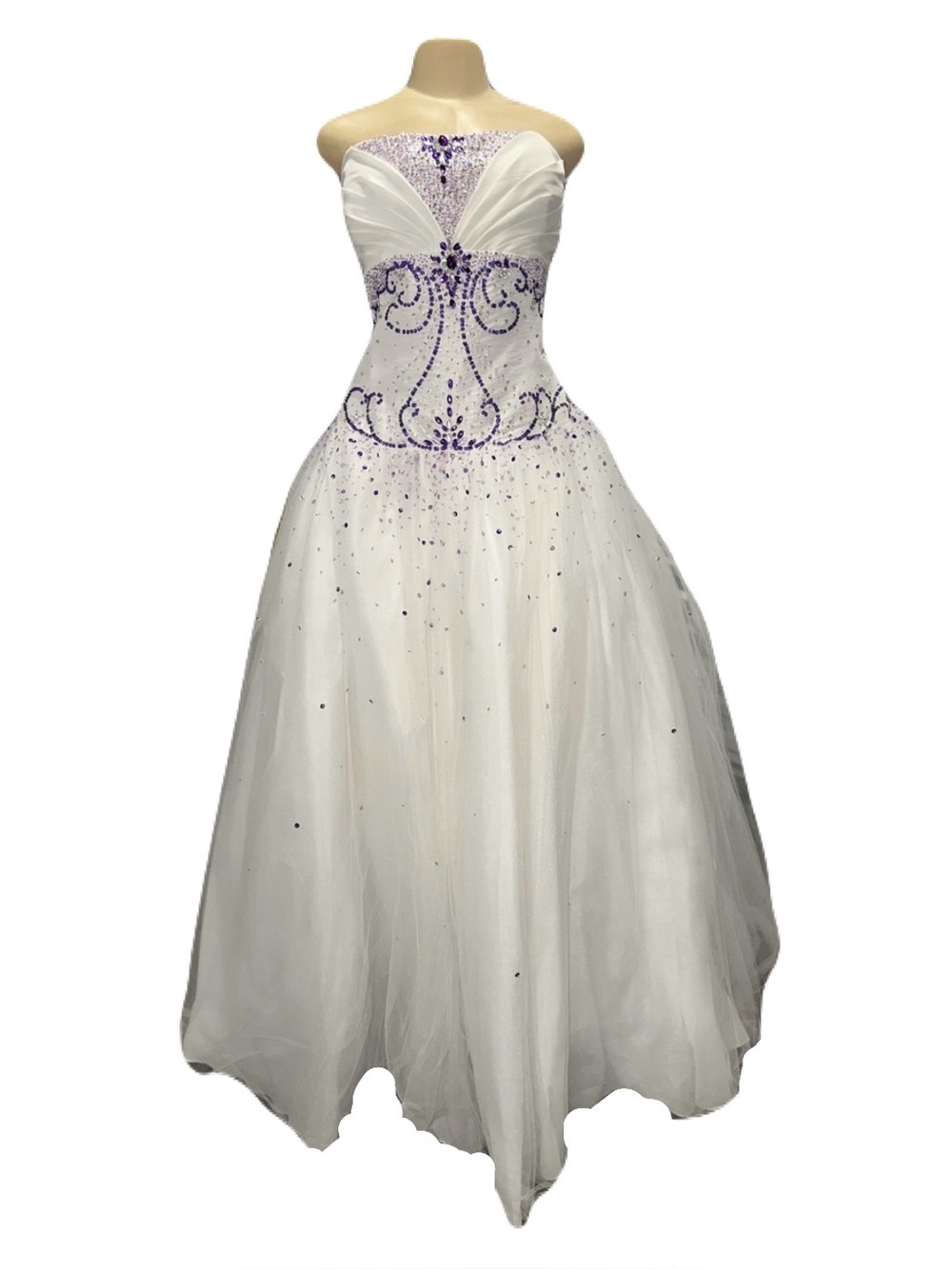 NWT Mary's Bridal White Strapless Ball Gown with Purple Crystal Detail - Picture 2 of 3